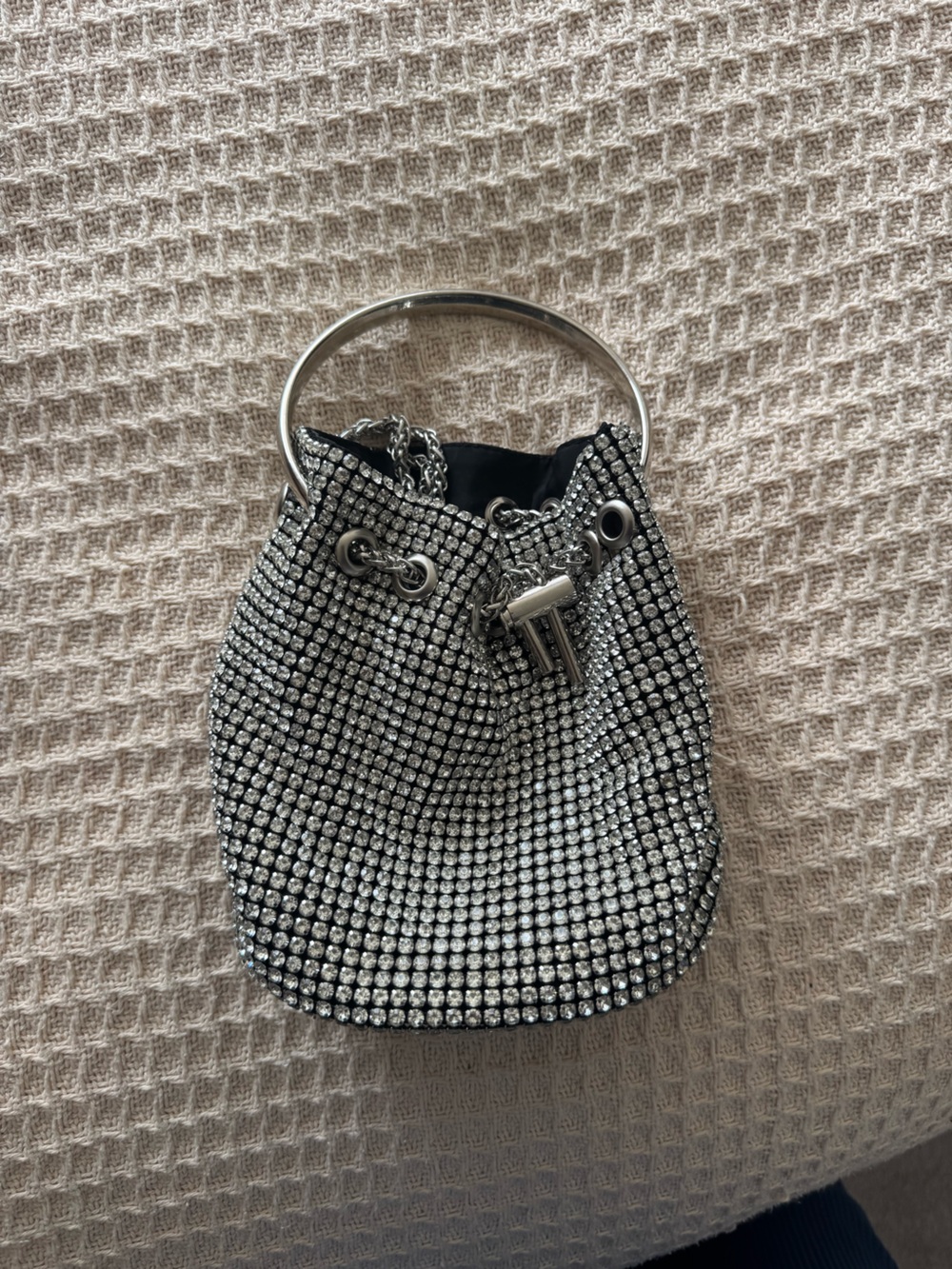 Silver Rhinestone Bucket Bag with Metal Handle